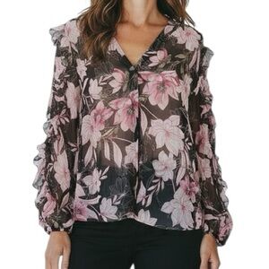 WHITE HOUSE BLACK MARKET Semi-Sheer Black Floral Ruffle Detail Blouse Size Large